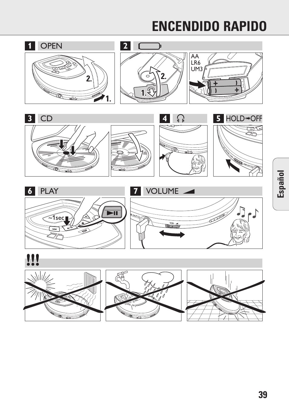 Encendido rapido, Español, Aa lr6 um3 | Philips AZ9003/11 User Manual | Page 39 / 62