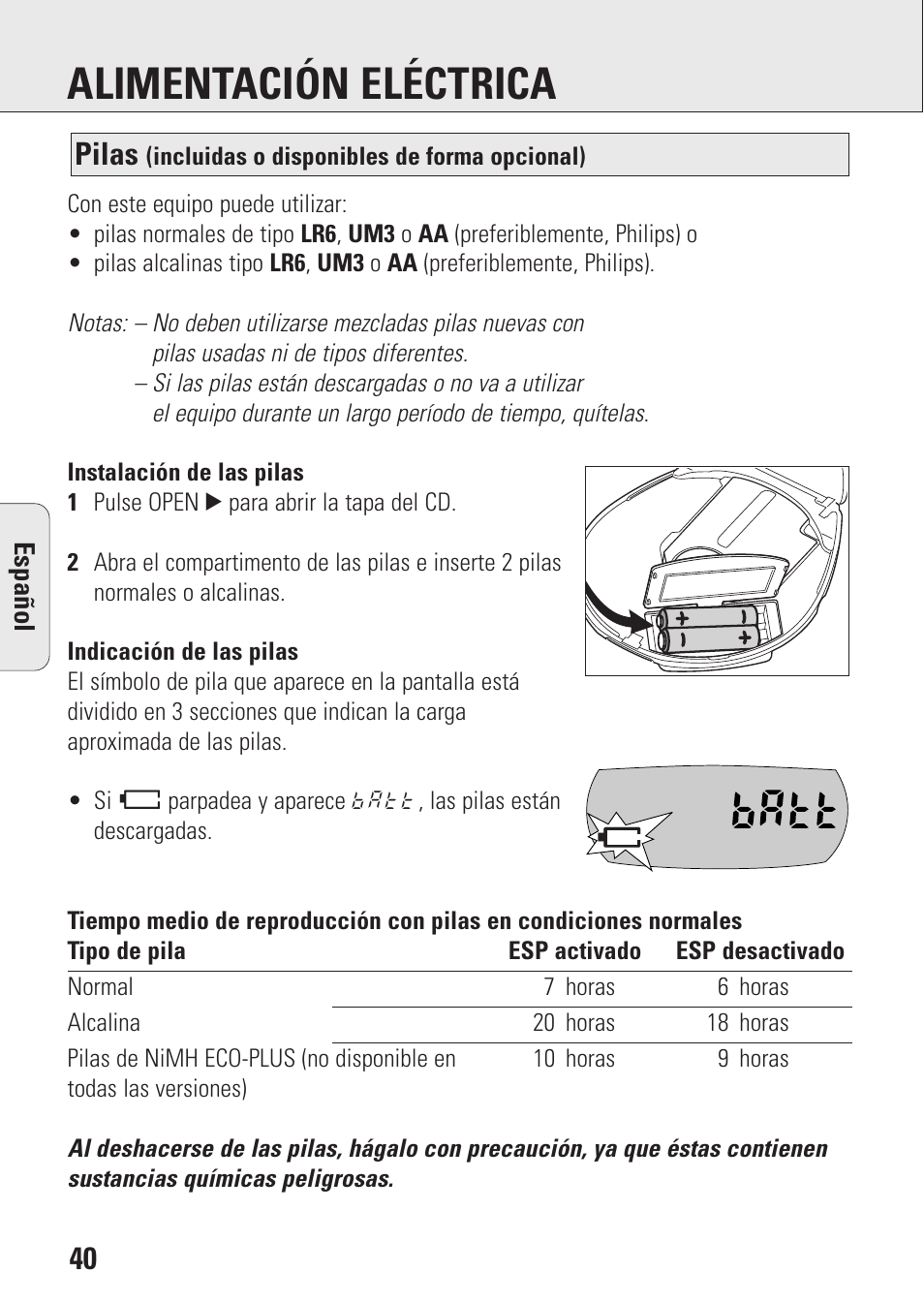 Alimentación eléctrica, Pilas | Philips AZ9003/11 User Manual | Page 40 / 62