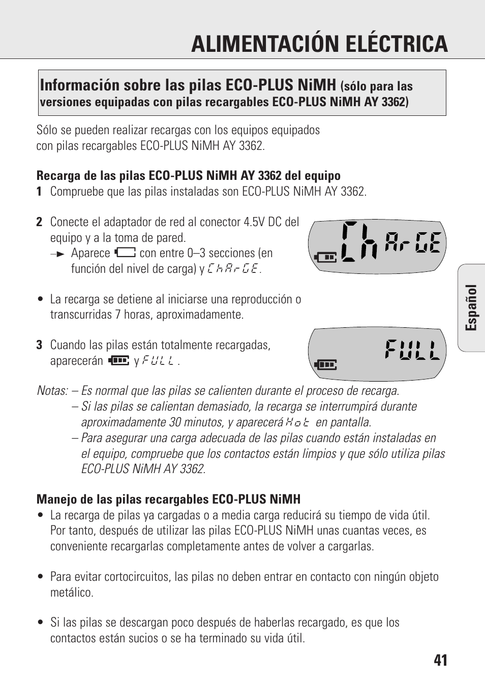 Alimentación eléctrica, Información sobre las pilas eco-plus nimh | Philips AZ9003/11 User Manual | Page 41 / 62