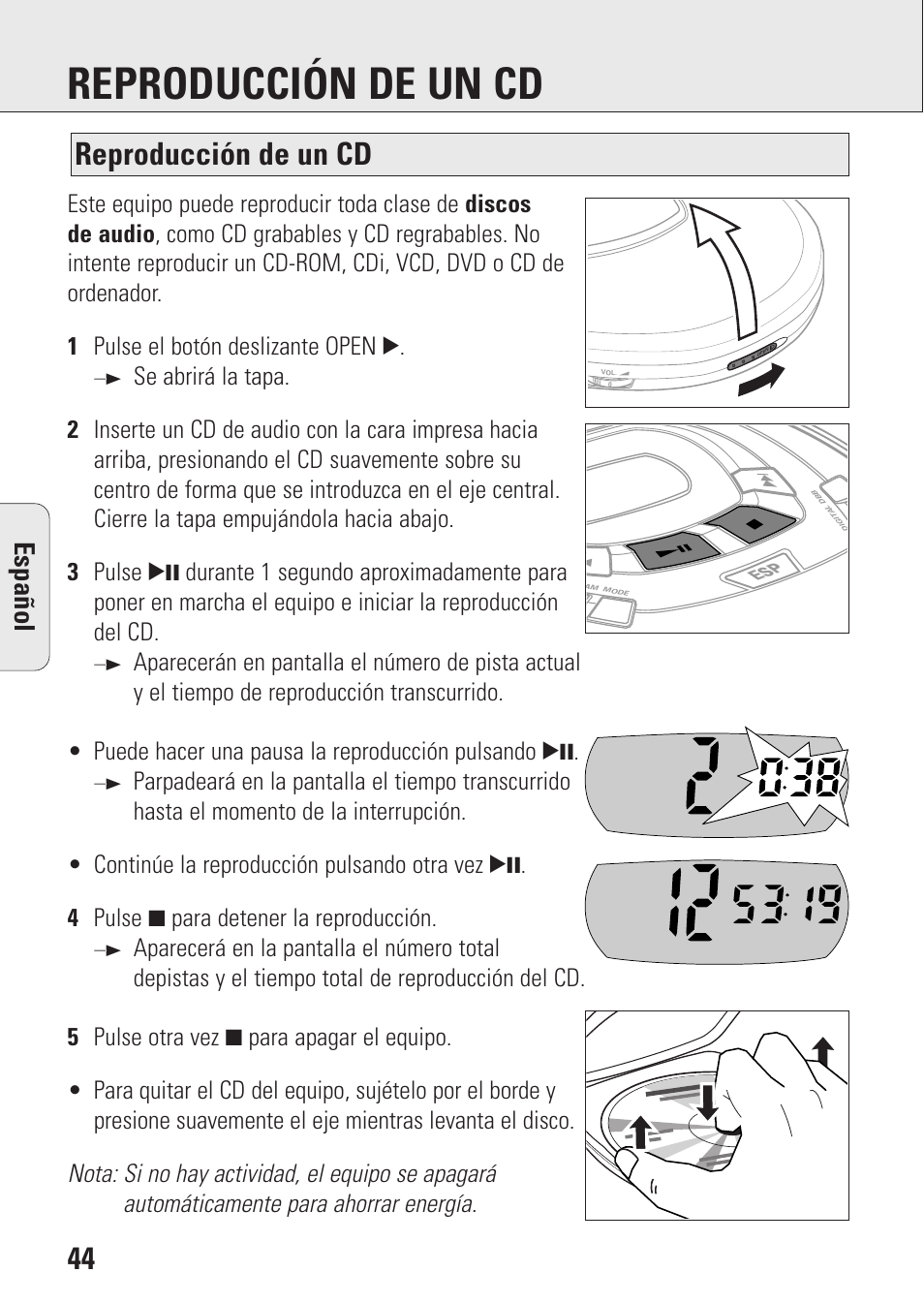 Reproducción de un cd, Espa ñ ol | Philips AZ9003/11 User Manual | Page 44 / 62