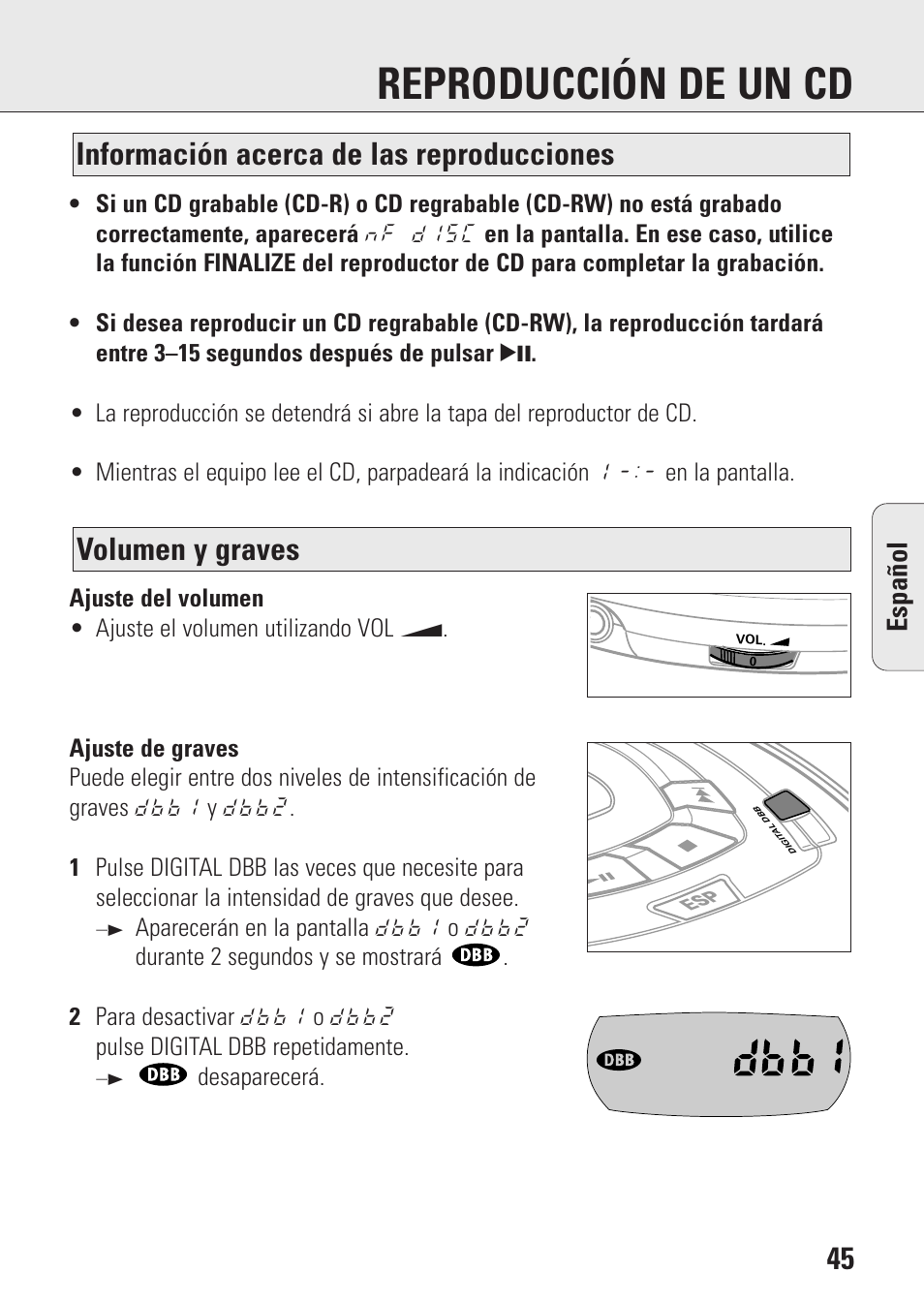 Reproducción de un cd, Espa ñ ol | Philips AZ9003/11 User Manual | Page 45 / 62