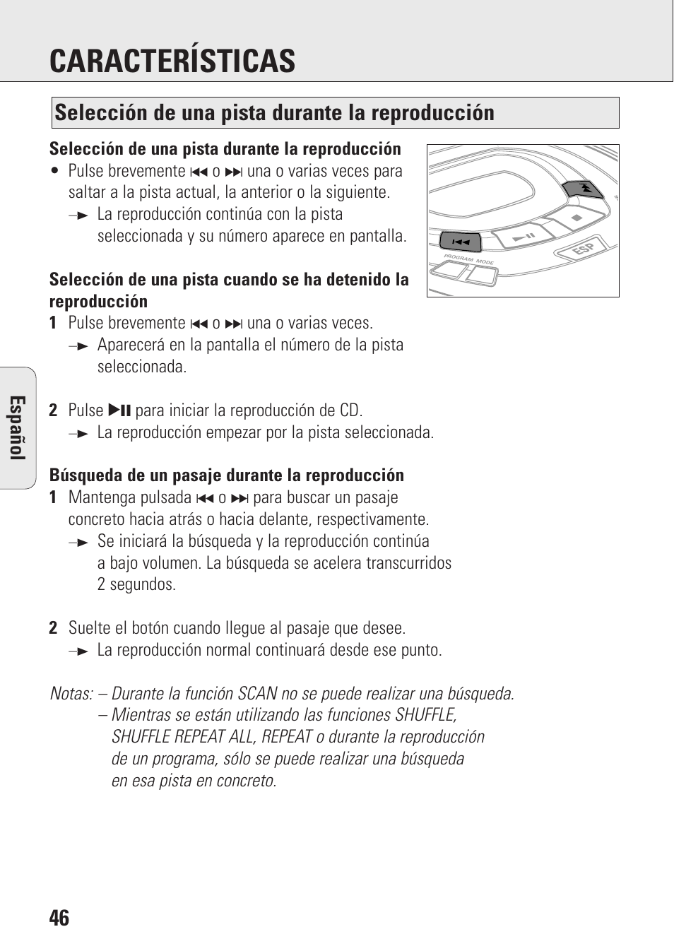 Características, Selección de una pista durante la reproducción, Espa ñ ol | Philips AZ9003/11 User Manual | Page 46 / 62