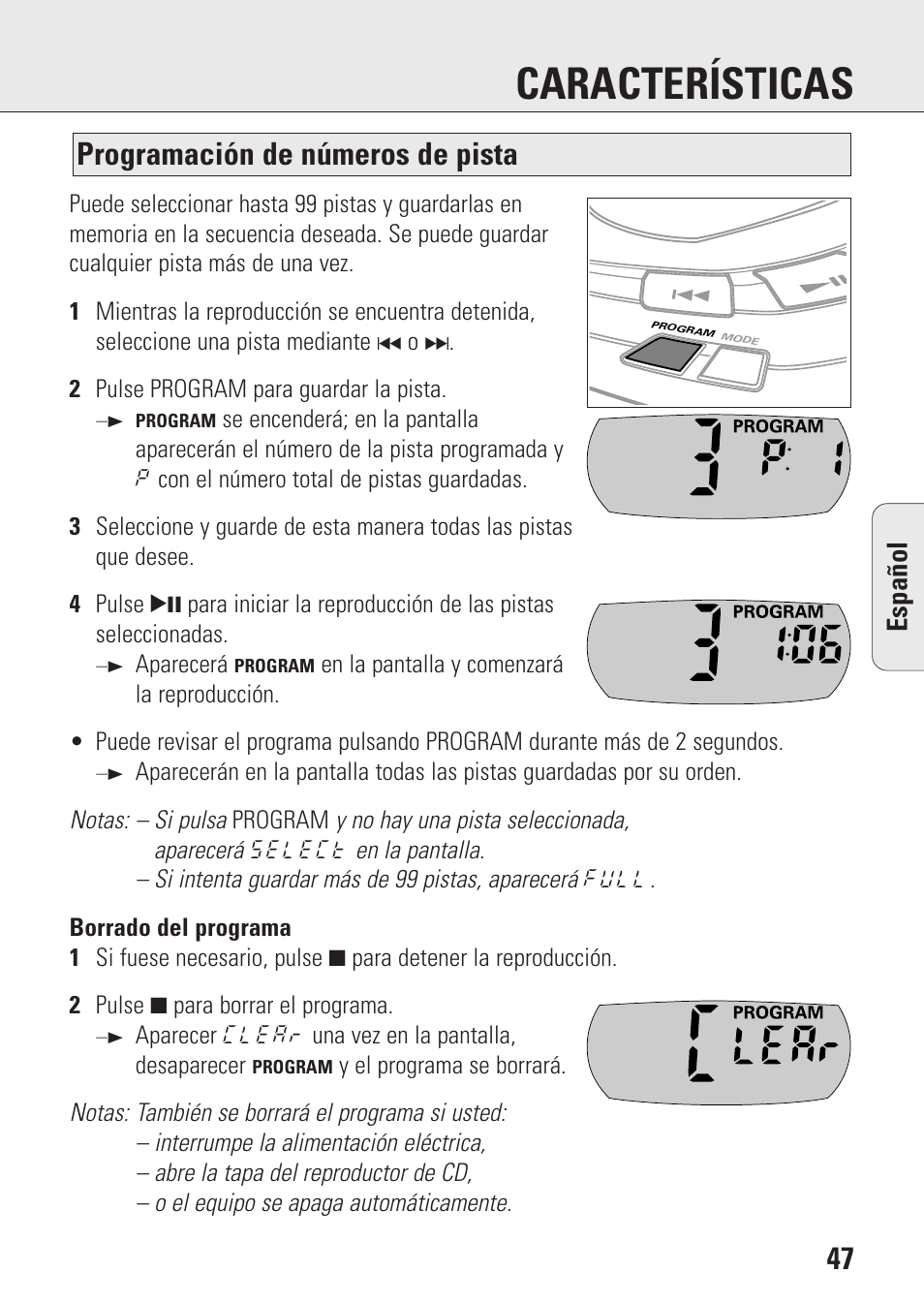 Características, Programación de números de pista, Espa ñ ol | Philips AZ9003/11 User Manual | Page 47 / 62