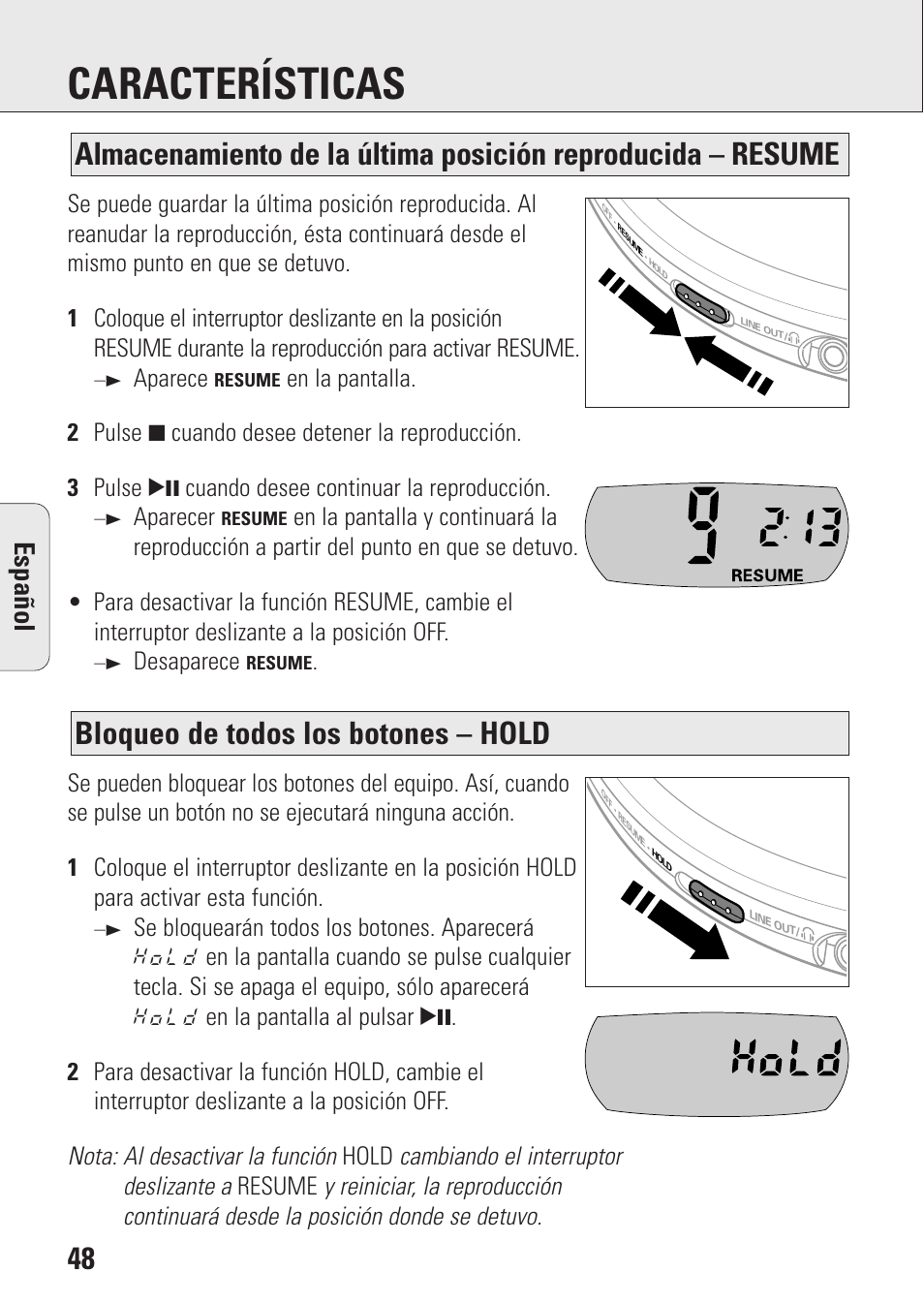 Características, Bloqueo de todos los botones – hold, Espa ñ ol | Aparece, Aparecer, Desaparece | Philips AZ9003/11 User Manual | Page 48 / 62