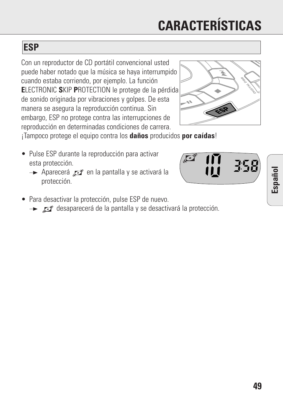 Características, Espa ñ ol | Philips AZ9003/11 User Manual | Page 49 / 62