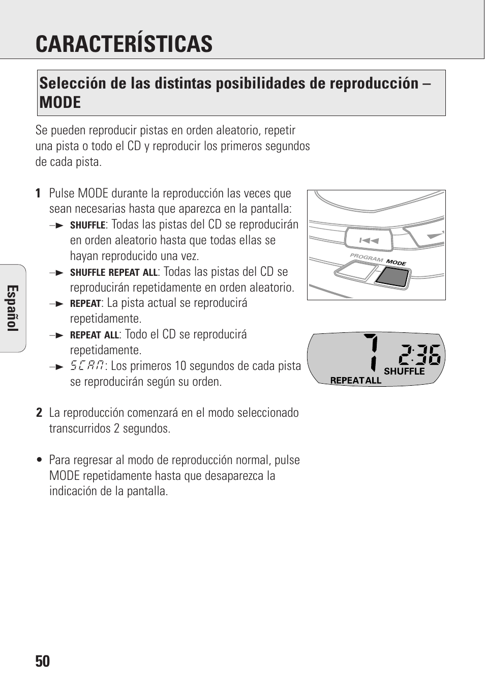 Características, Espa ñ ol | Philips AZ9003/11 User Manual | Page 50 / 62