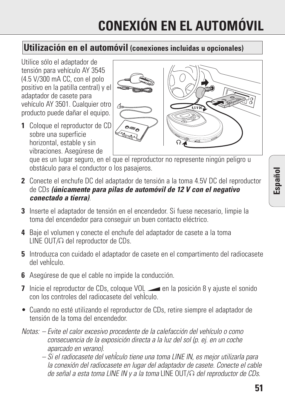 Conexión en el automóvil, Utilización en el automóvil, Espa ñ ol | Conexiones incluidas u opcionales) | Philips AZ9003/11 User Manual | Page 51 / 62