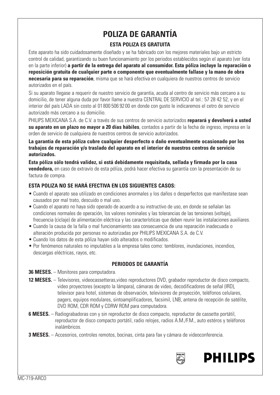 Poliza de garantía | Philips AZ9003/11 User Manual | Page 54 / 62