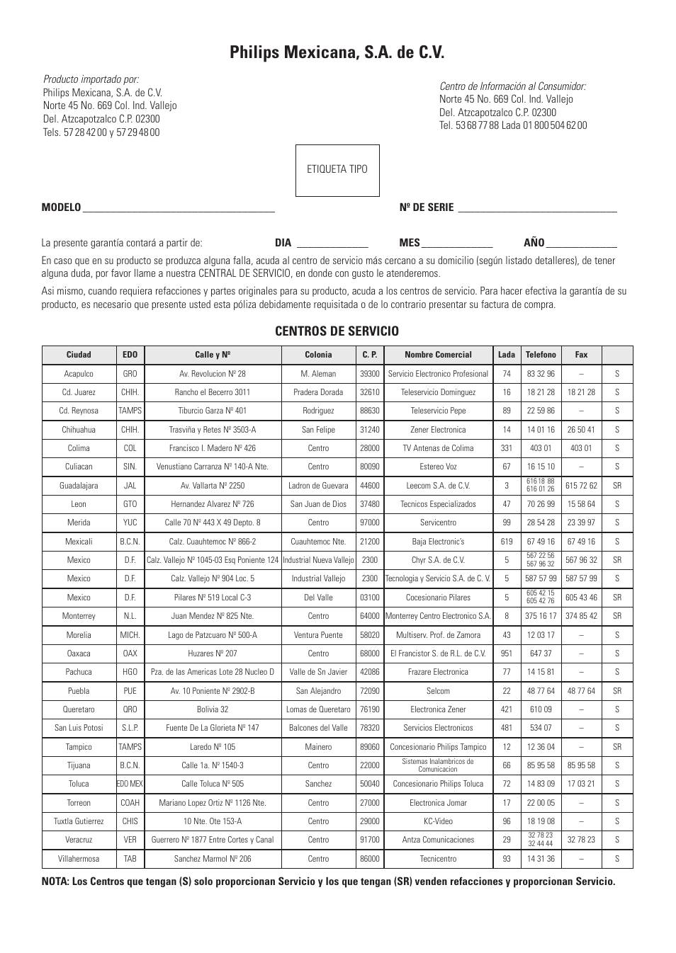 Philips mexicana, s.a. de c.v, Centros de servicio | Philips AZ9003/11 User Manual | Page 55 / 62