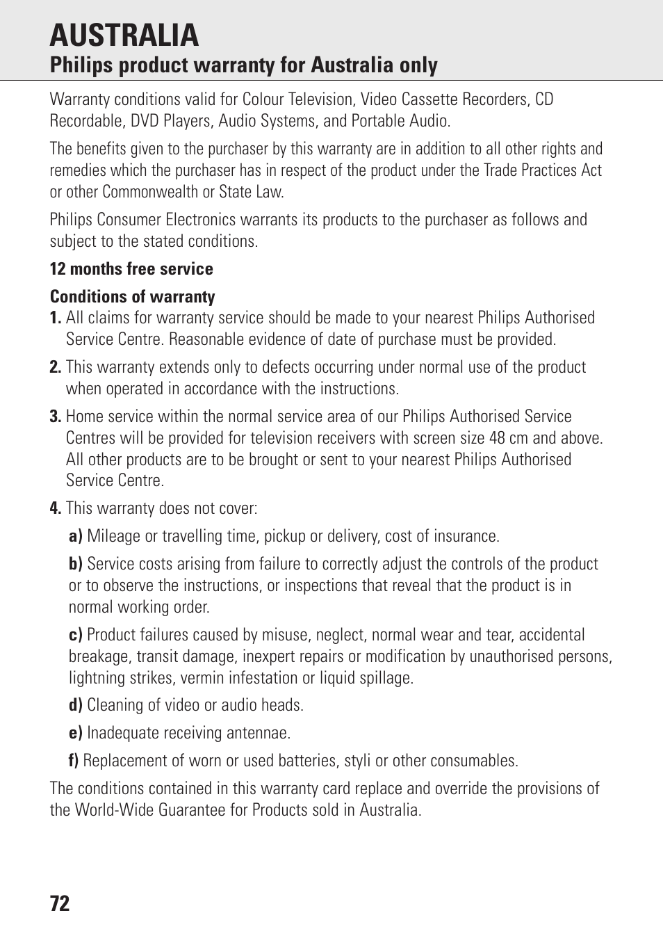 Australia, Philips product warranty for australia only 72 | Philips AZ9003/11 User Manual | Page 56 / 62