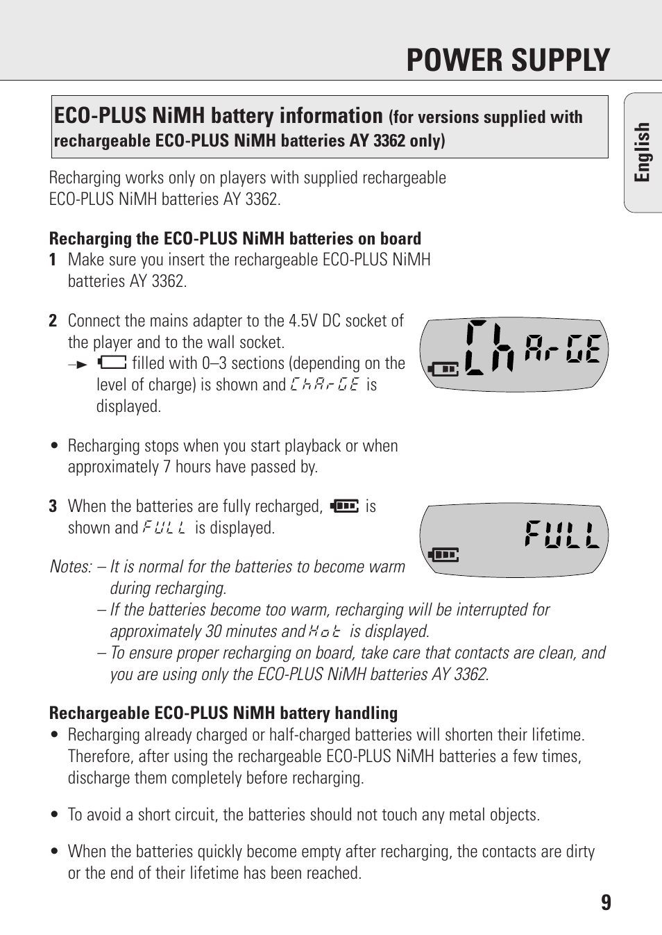 Power supply, Eco-plus nimh battery information | Philips AZ9003/11 User Manual | Page 9 / 62