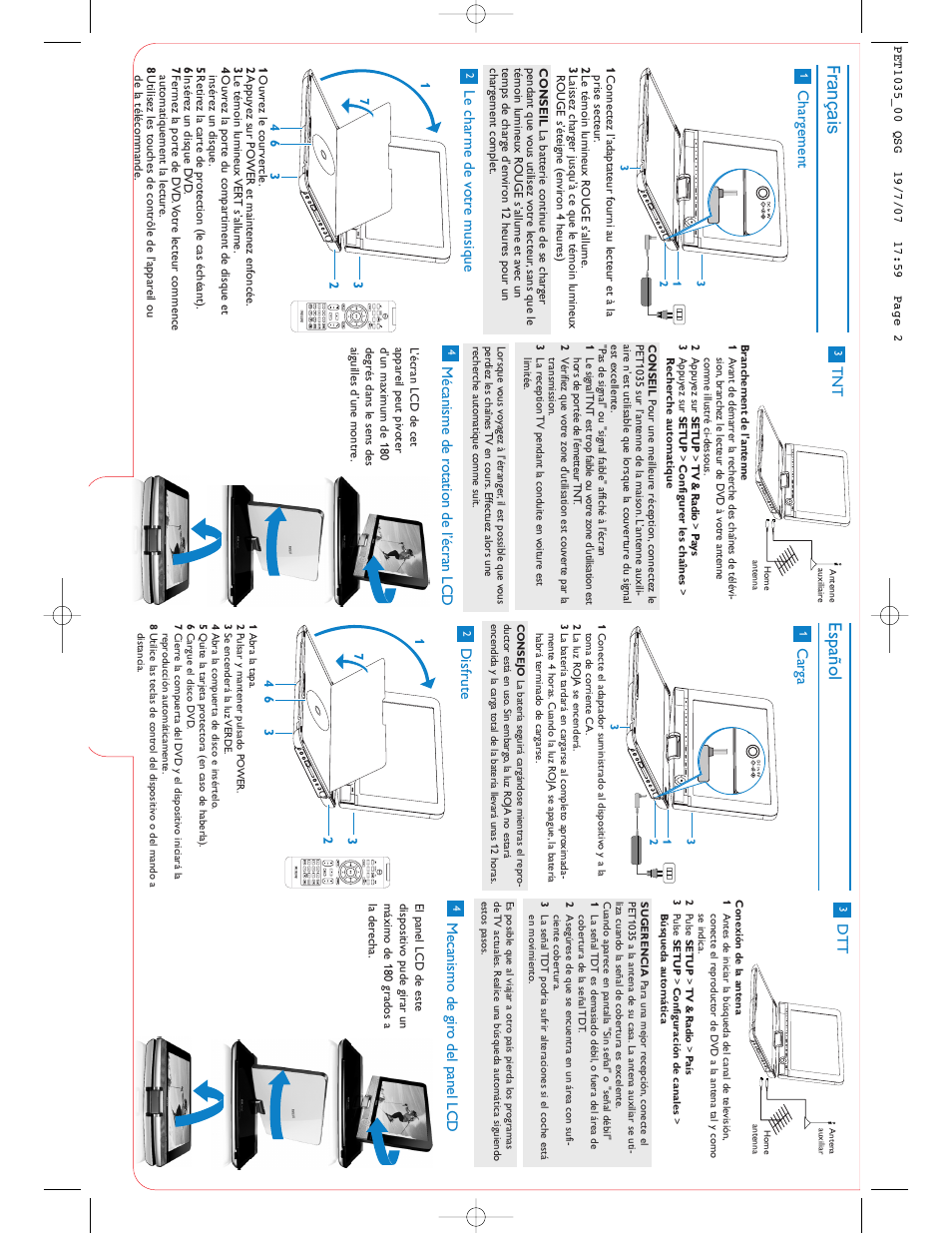 Français, Español, Chargement | Le charme de v otr e m usique, Carga, Disfrute, Mécanisme de r otation de l’écran lcd, Mecanismo de gir o del panel lcd | Philips PET1035/00 User Manual | Page 2 / 2