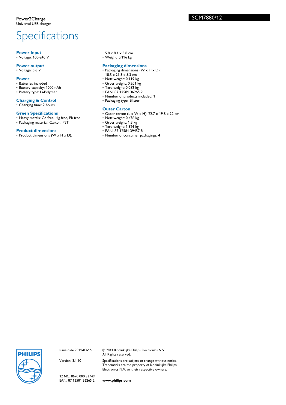 Specifications | Philips Power2Charge SCM7880 User Manual | Page 2 / 2