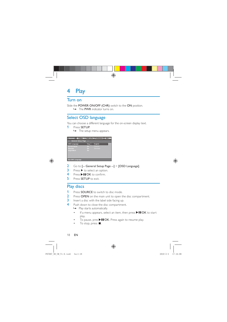 4 play, Turn on, Select osd language | Play discs | Philips PD7007/55 User Manual | Page 17 / 26