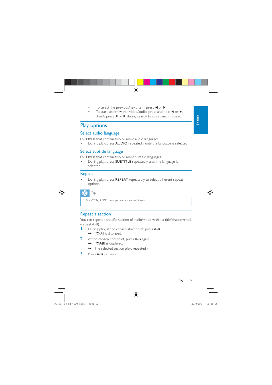 Play options, Select audio language, Select subtitle language | Repeat | Philips PD7007/55 User Manual | Page 18 / 26