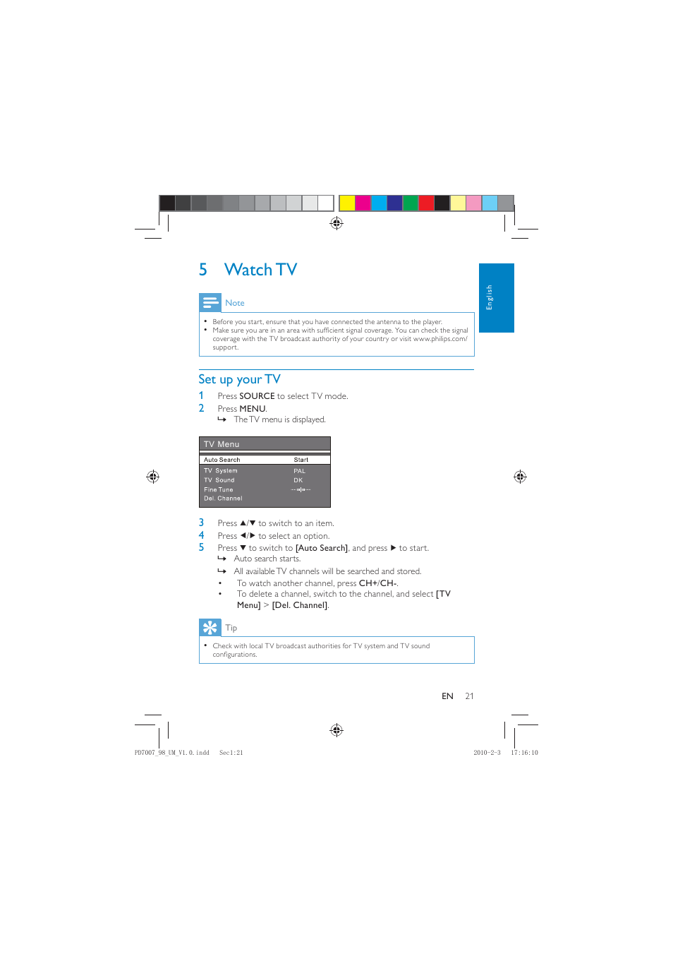 5 watch tv, Set up your tv | Philips PD7007/55 User Manual | Page 20 / 26