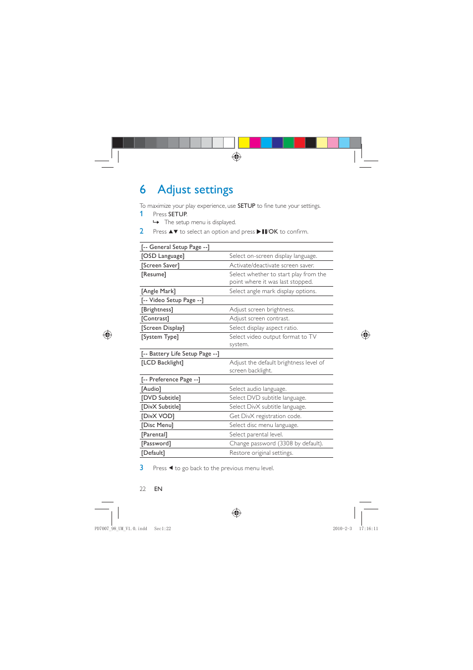 6 adjust settings | Philips PD7007/55 User Manual | Page 21 / 26