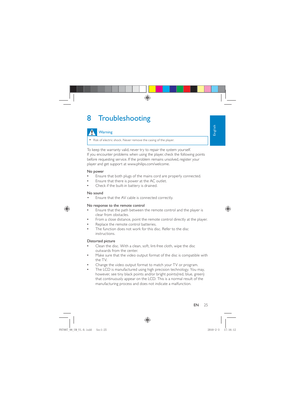 8 troubleshooting | Philips PD7007/55 User Manual | Page 24 / 26