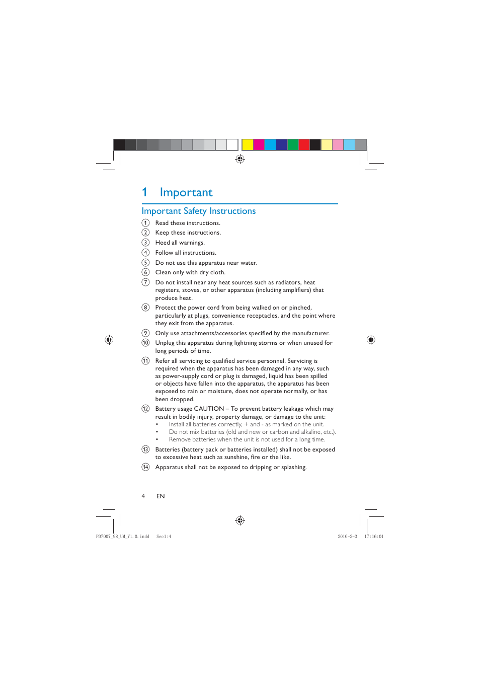 1 important, Important safety instructions | Philips PD7007/55 User Manual | Page 3 / 26