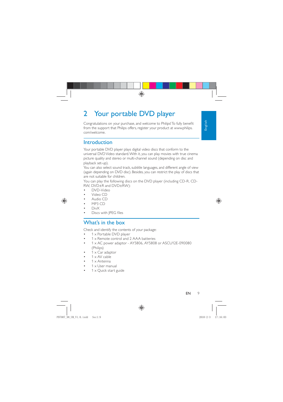 2 your portable dvd player, Introduction, What’s in the box | Philips PD7007/55 User Manual | Page 8 / 26