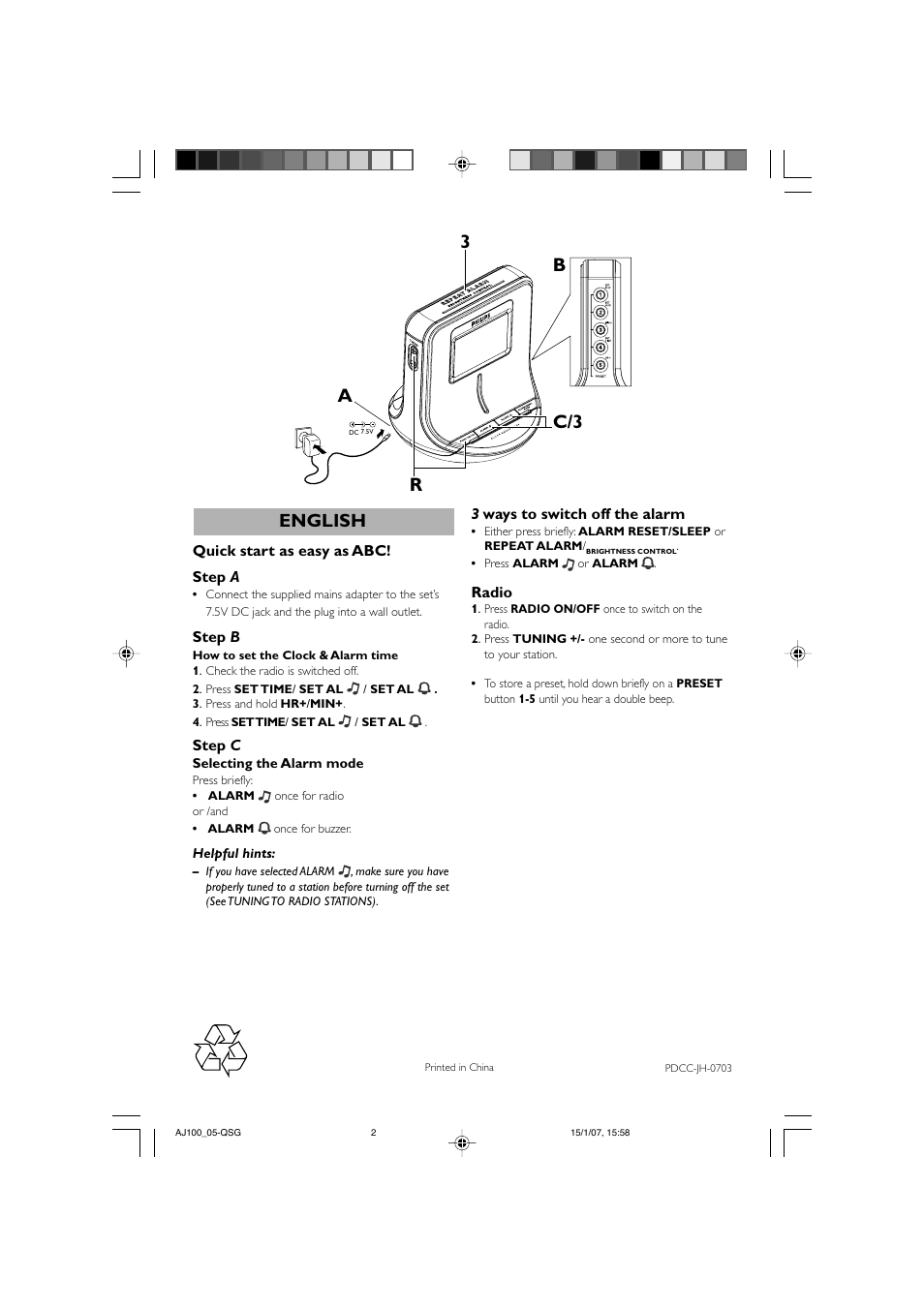 English, Ar b c/3 3 | Philips AJ100 User Manual | Page 2 / 2