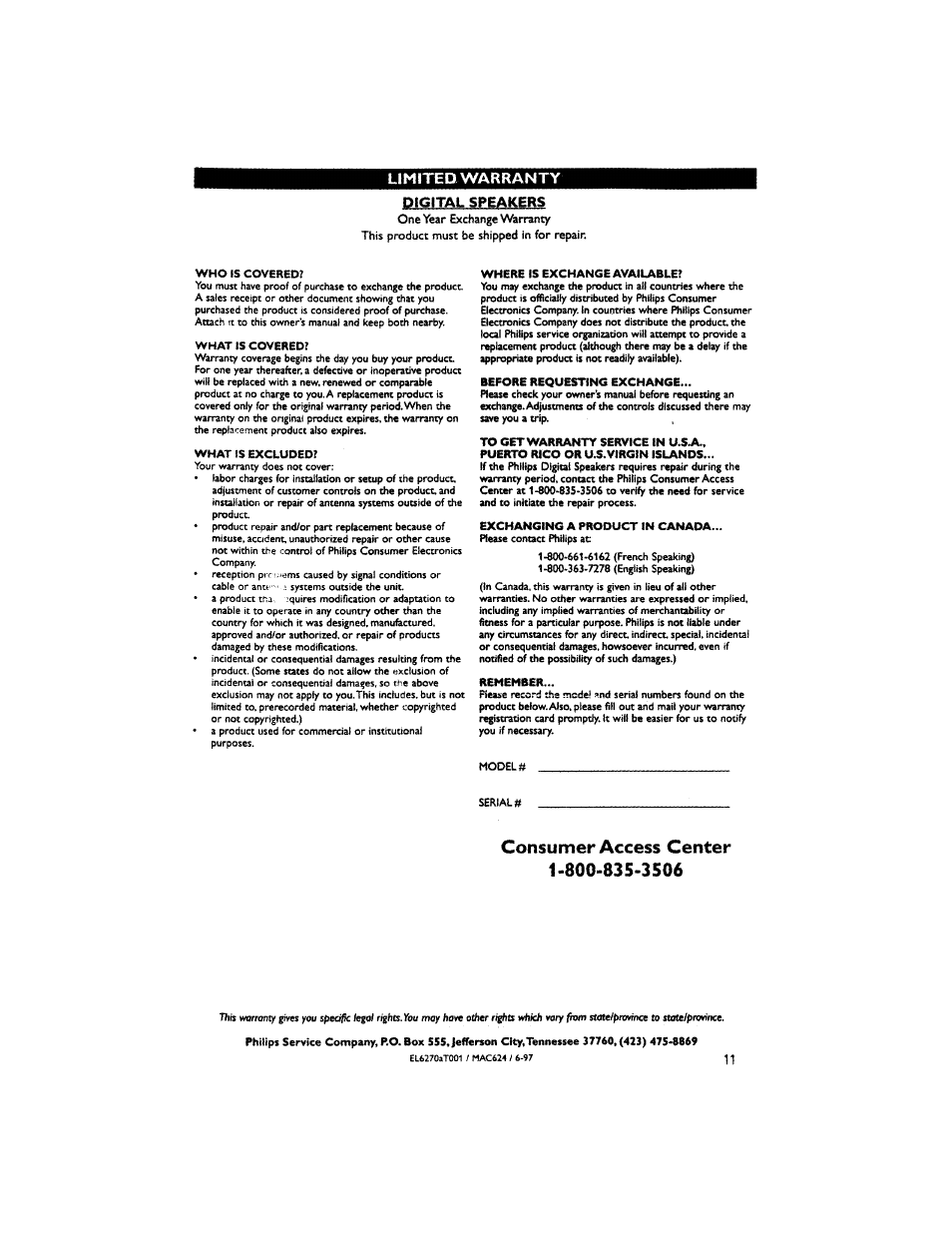 Consumer access center 1-800-835-3506, Limitedwarranty | Philips DSS 370 User Manual | Page 11 / 11