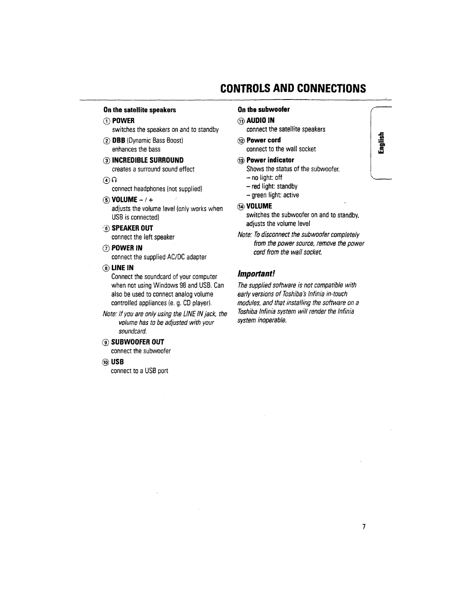 Controls and connections, Important | Philips DSS 370 User Manual | Page 7 / 11