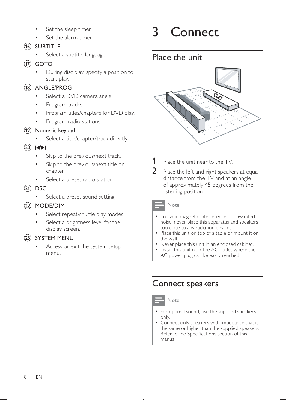 3 connect, Place the unit, Connect speakers | Philips DCD322/12 User Manual | Page 10 / 31