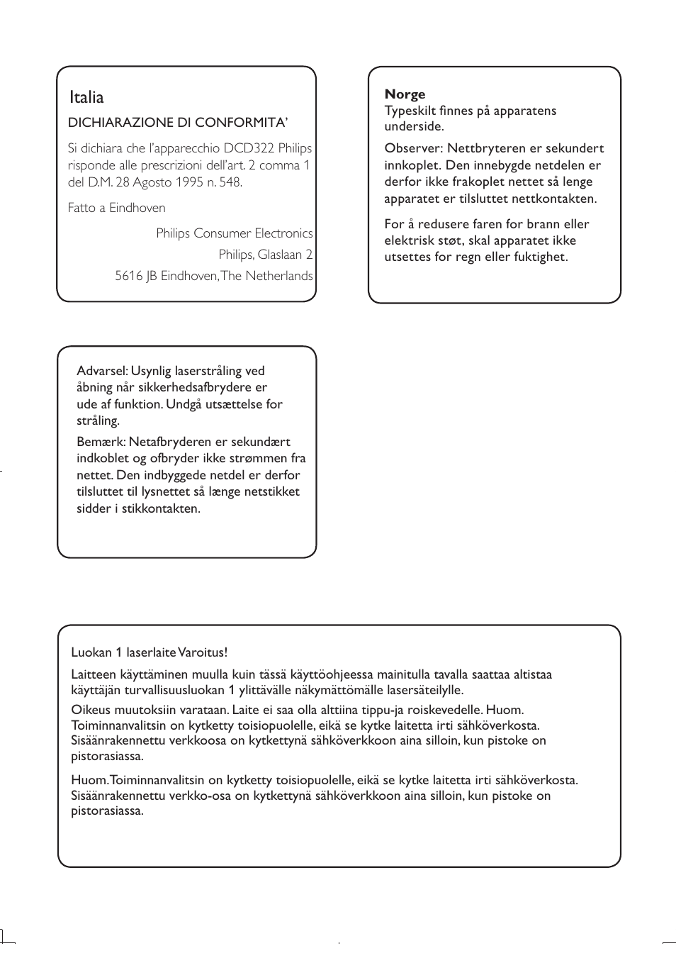 Italia | Philips DCD322/12 User Manual | Page 2 / 31