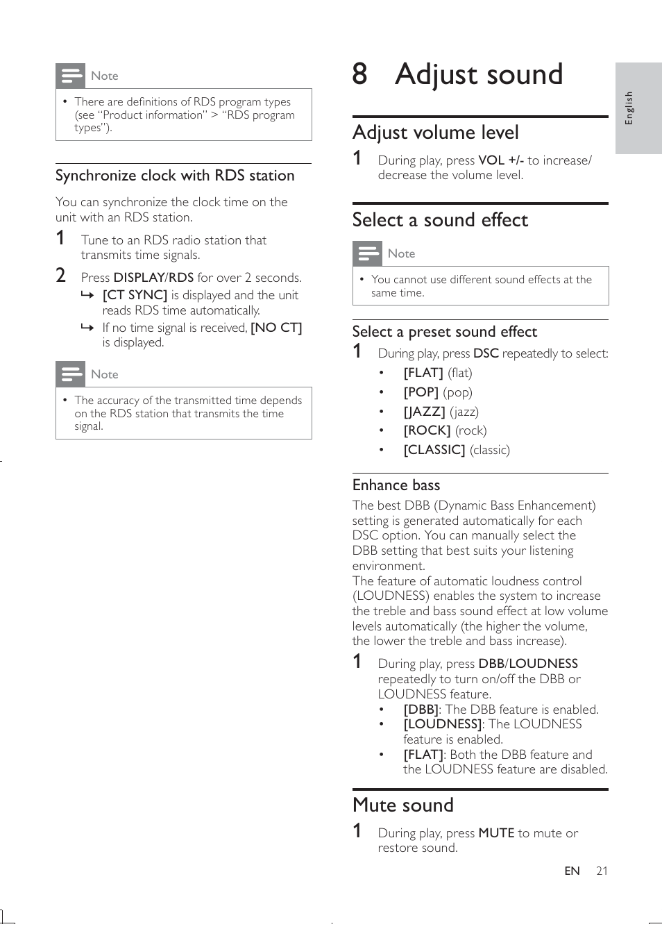 8 adjust sound, Adjust volume level 1, Select a sound effect | Mute sound 1 | Philips DCD322/12 User Manual | Page 23 / 31