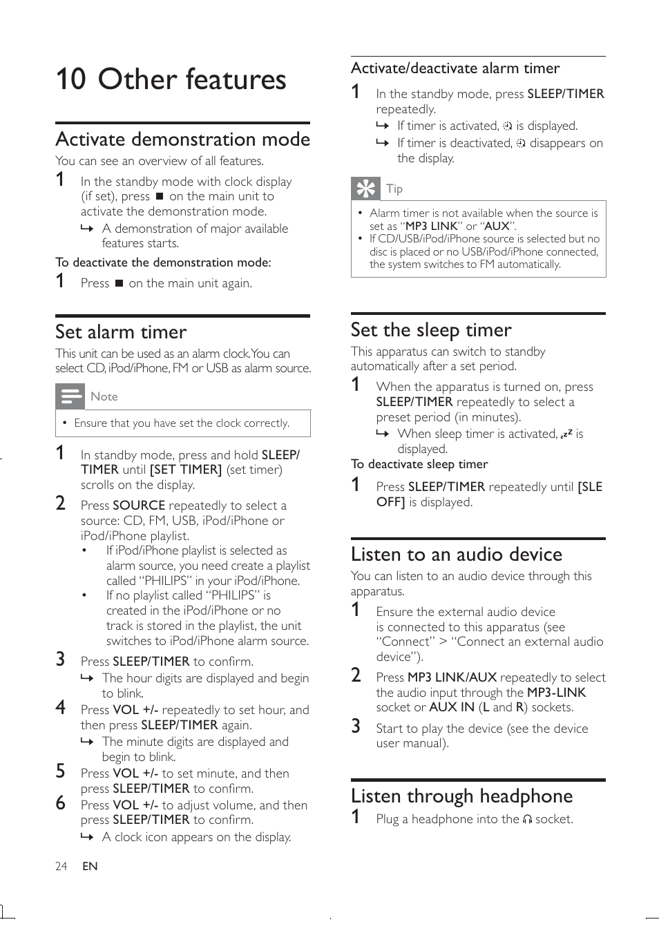 10 other features, Set the sleep timer, Listen to an audio device | Listen through headphone 1, Activate demonstration mode, Set alarm timer | Philips DCD322/12 User Manual | Page 26 / 31