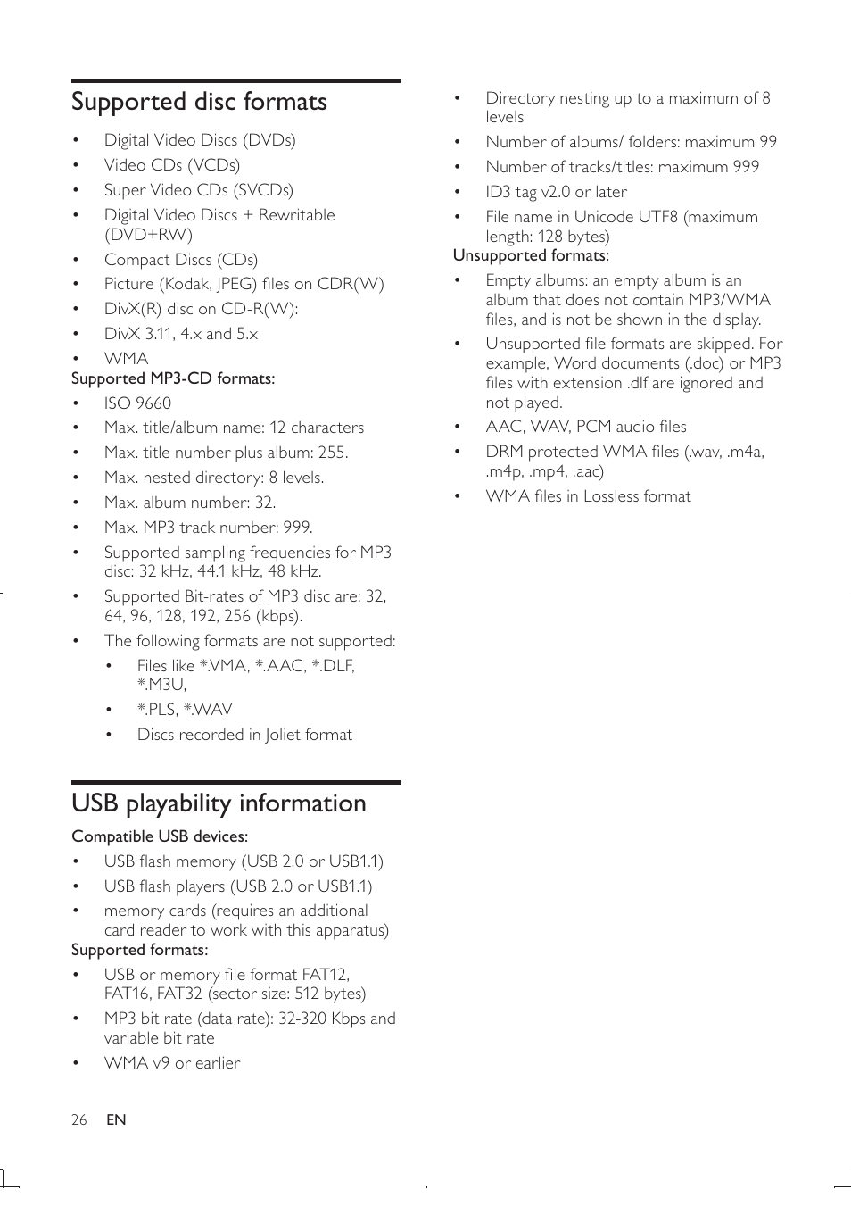 Supported disc formats, Usb playability information | Philips DCD322/12 User Manual | Page 28 / 31