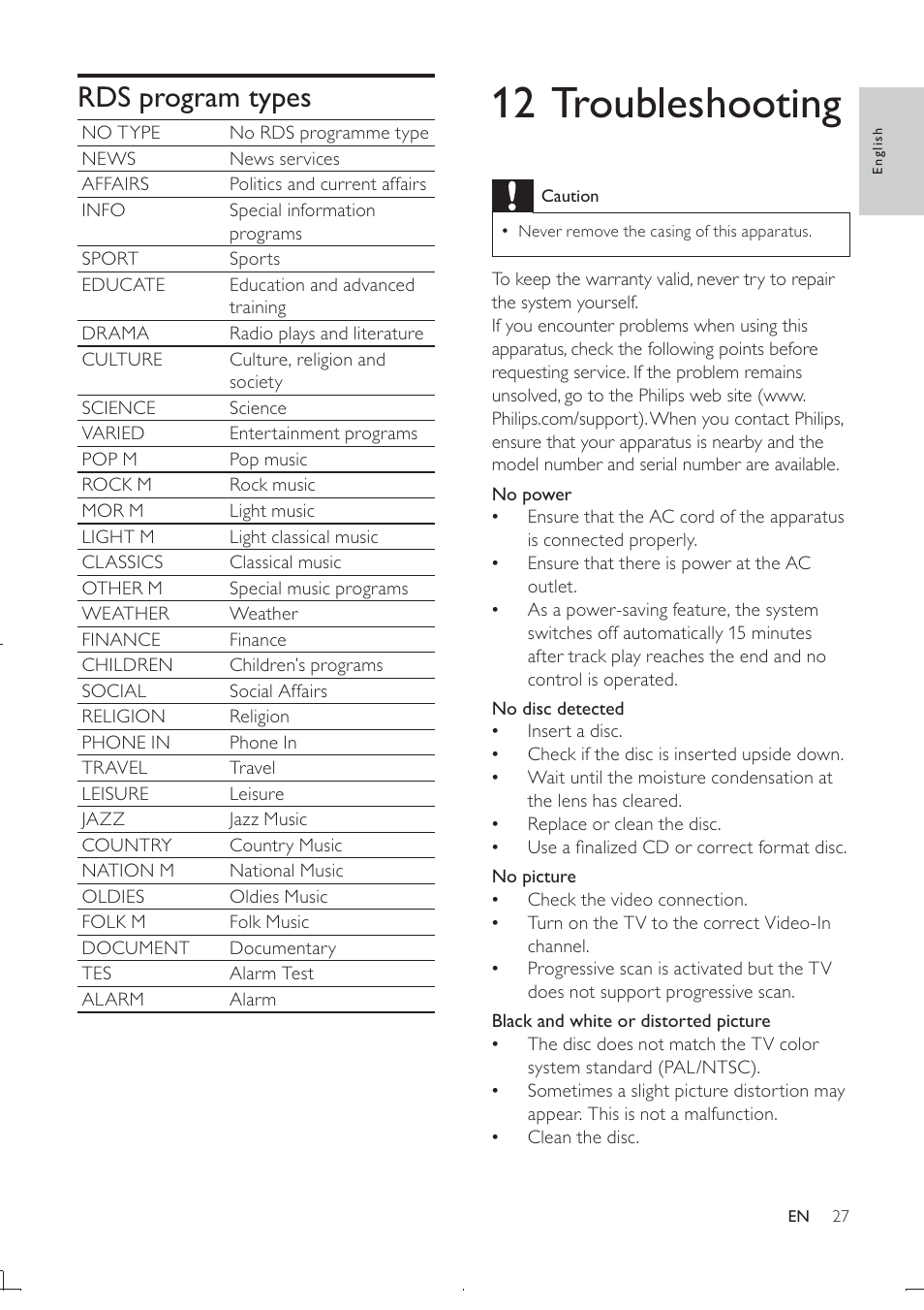12 troubleshooting, Rds program types | Philips DCD322/12 User Manual | Page 29 / 31