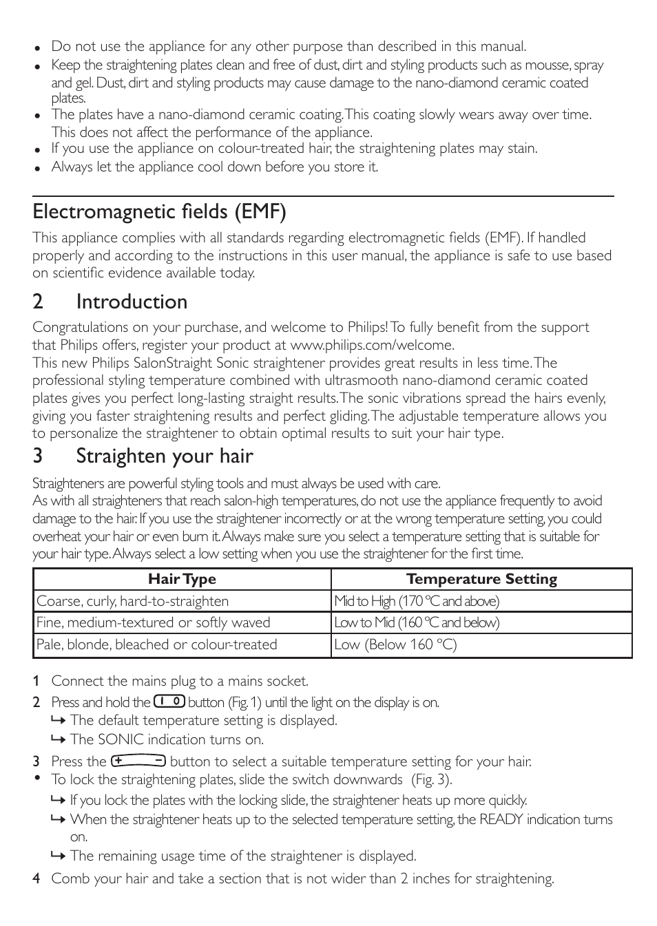 Electromagnetic fields (emf), 2 introduction, 3 straighten your hair | Philips HP4666/15 User Manual | Page 4 / 8