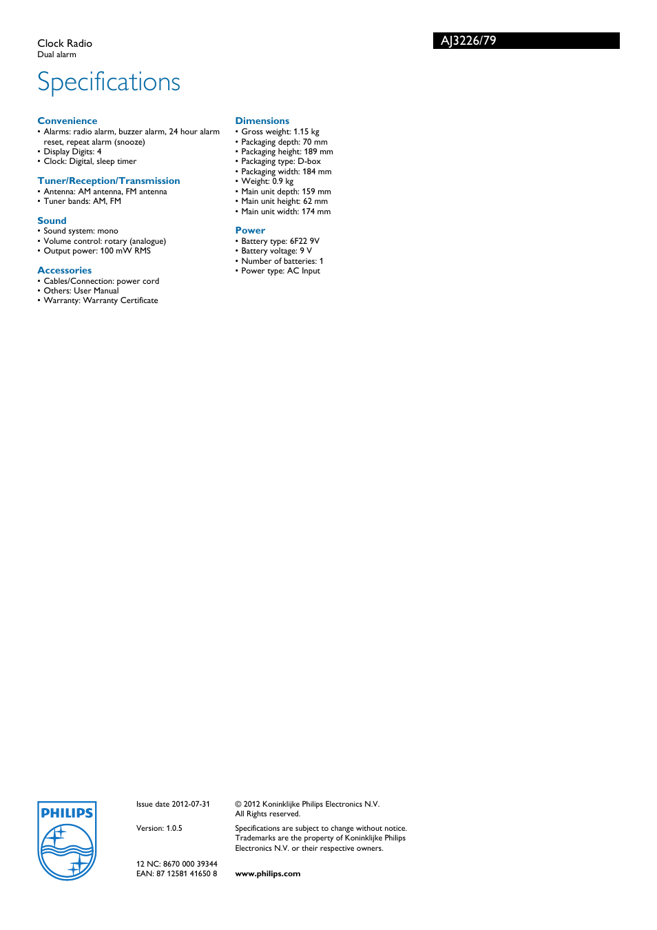 Specifications | Philips AJ3226 User Manual | Page 3 / 3