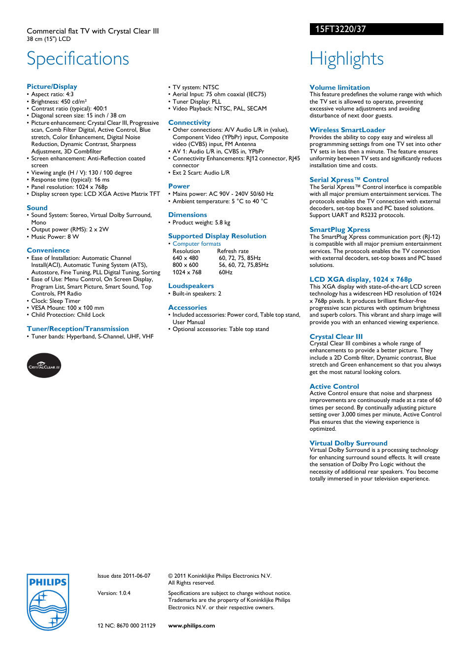 Specifications, Highlights | Philips 15FT3220 User Manual | Page 2 / 2