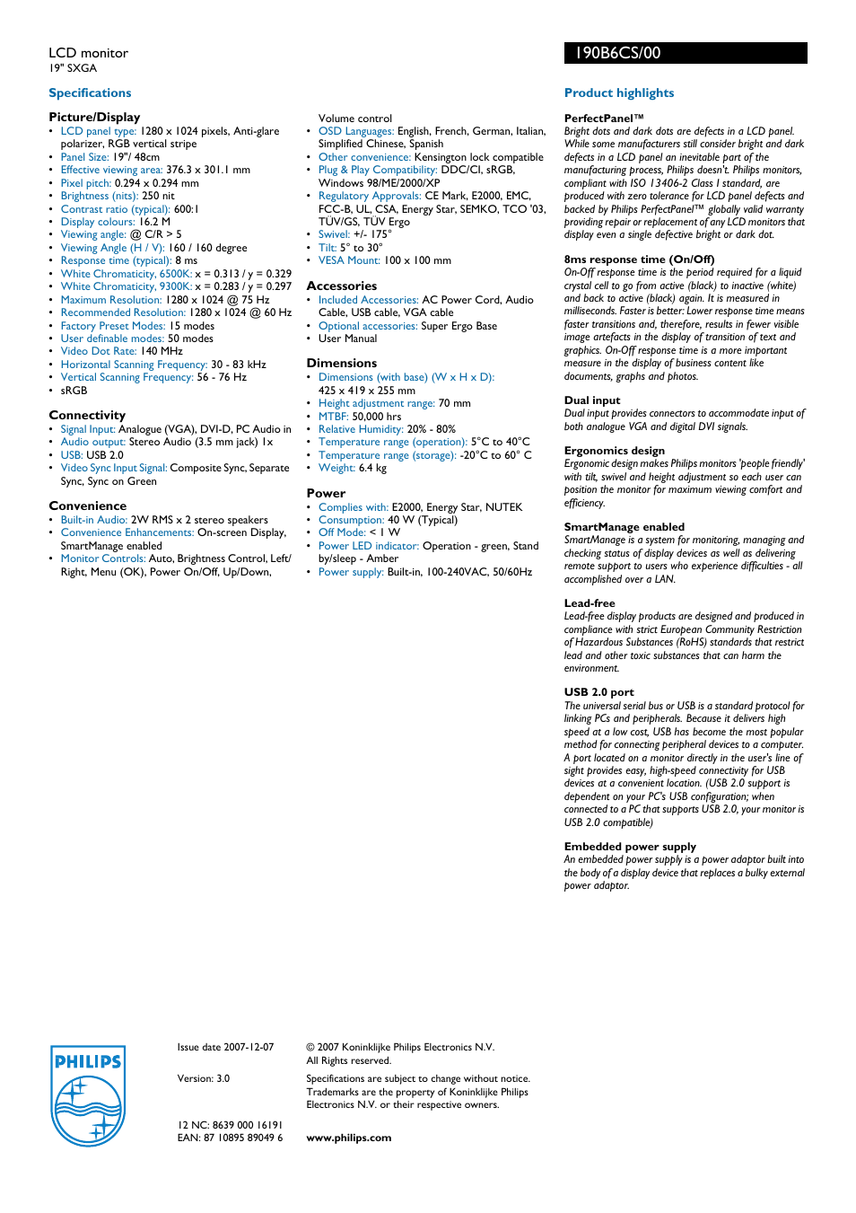 Philips 190B6CS User Manual | Page 2 / 2