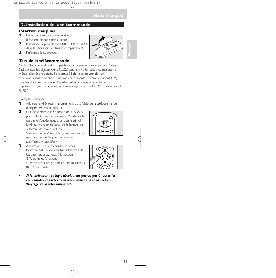 Test de la télécommande, Mode d'emploi | Philips SBC RU 520/00U User Manual | Page 13 / 78