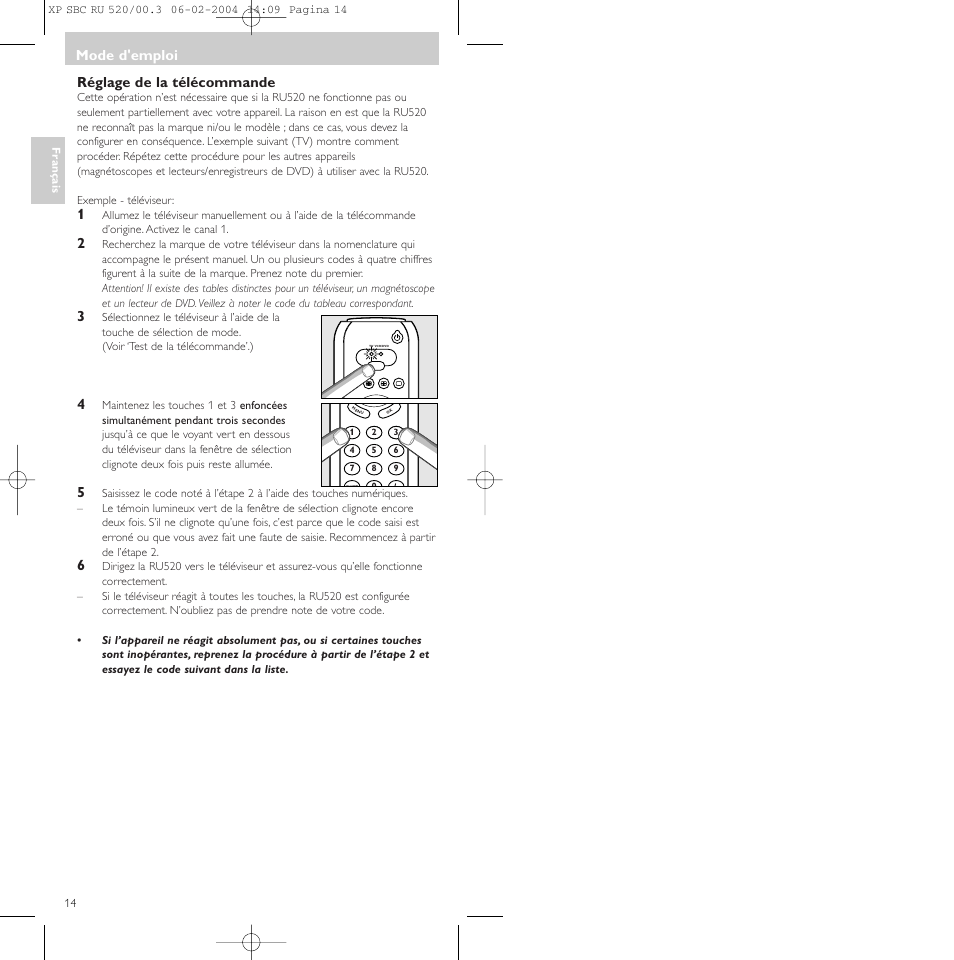 Réglage de la télécommande, Mode d'emploi | Philips SBC RU 520/00U User Manual | Page 14 / 78