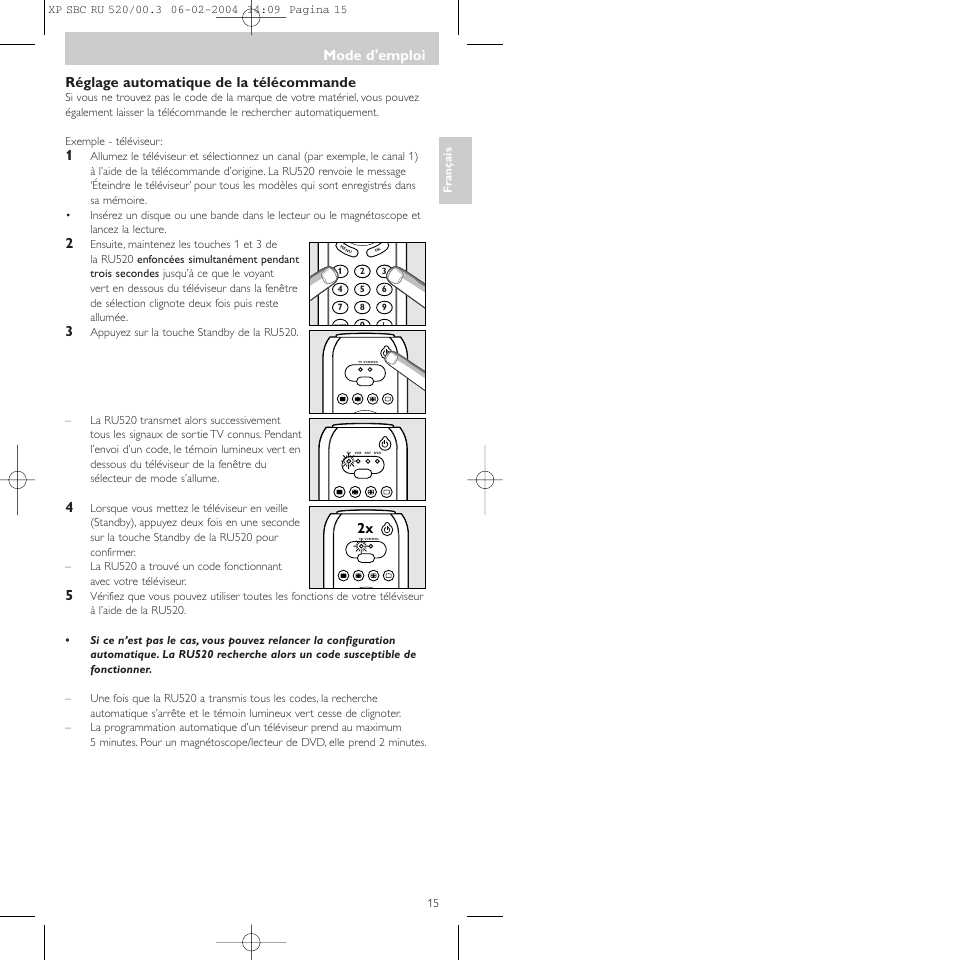 Réglage automatique de la télécommande, Mode d'emploi | Philips SBC RU 520/00U User Manual | Page 15 / 78