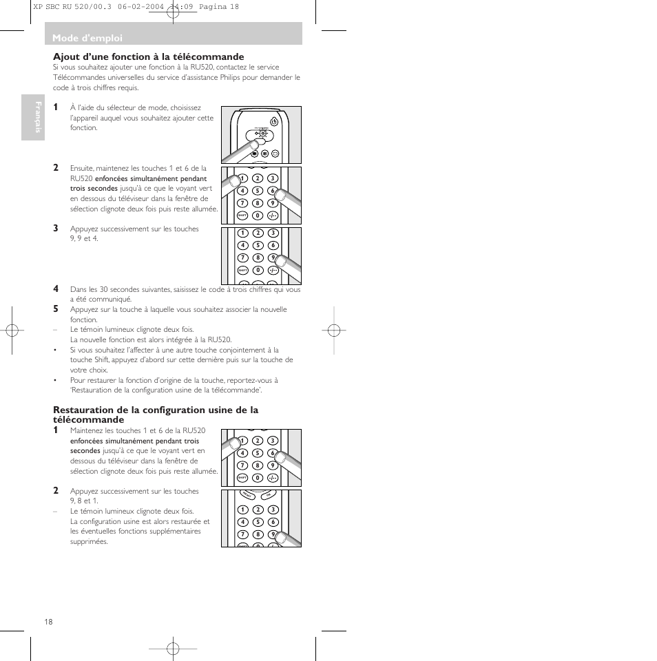 Ajout d’une fonction à la télécommande, Mode d'emploi | Philips SBC RU 520/00U User Manual | Page 18 / 78