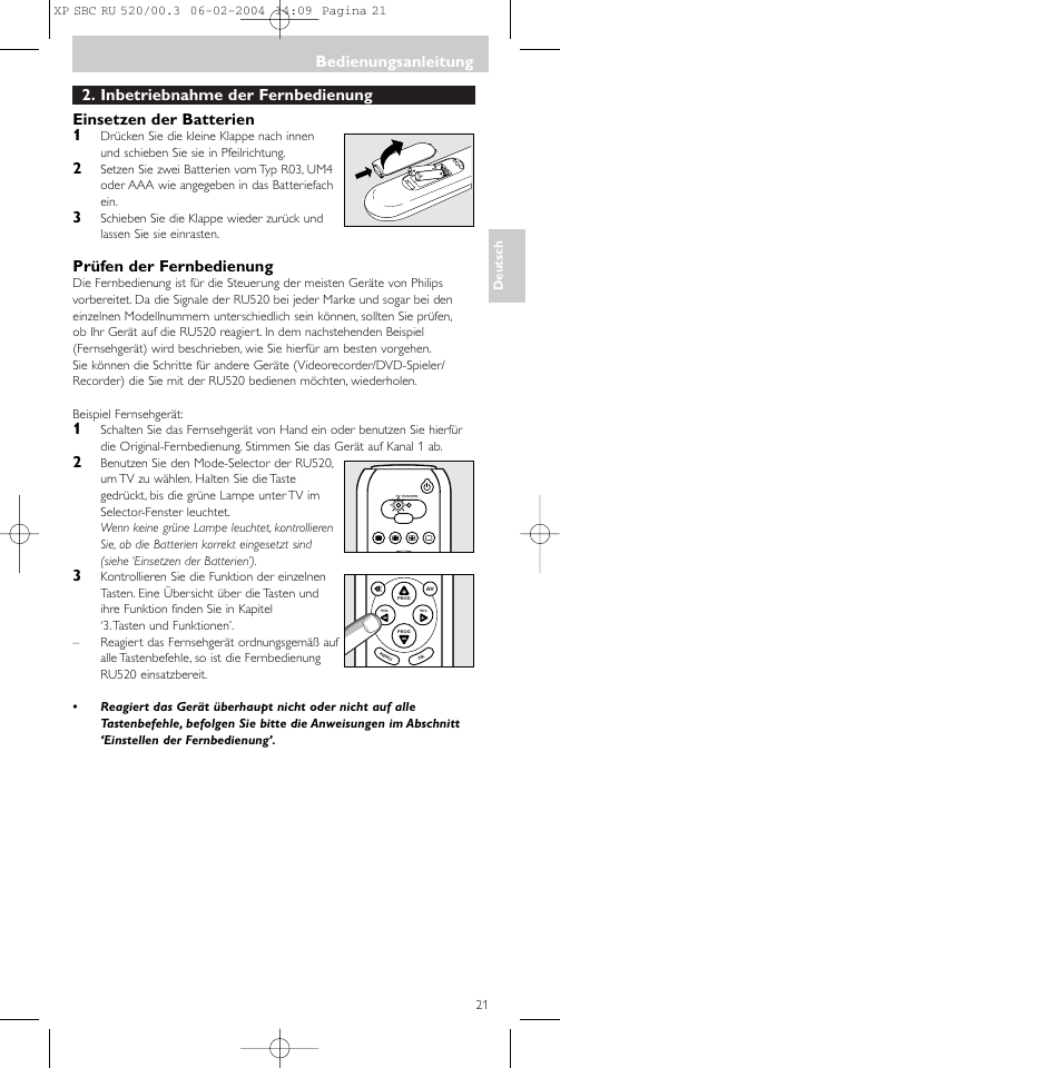 Prüfen der fernbedienung, Bedienungsanleitung | Philips SBC RU 520/00U User Manual | Page 21 / 78