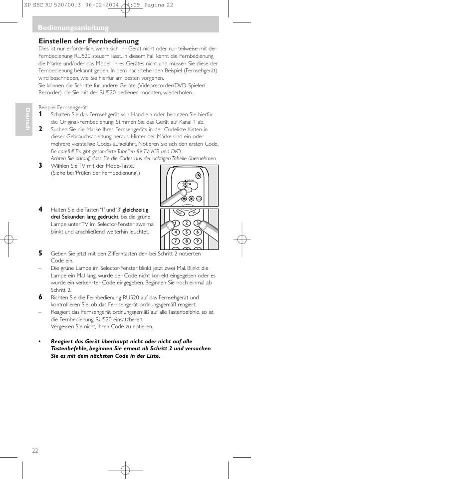 Einstellen der fernbedienung, Bedienungsanleitung | Philips SBC RU 520/00U User Manual | Page 22 / 78