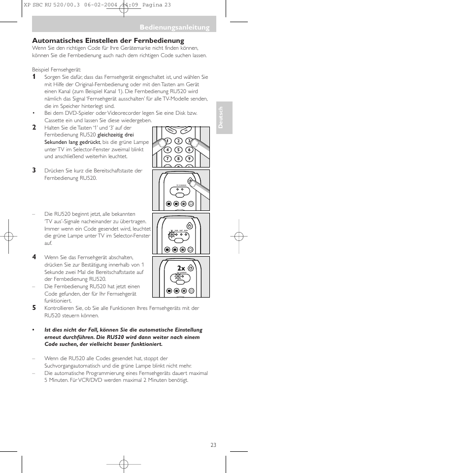 Automatisches einstellen der fernbedienung, Bedienungsanleitung | Philips SBC RU 520/00U User Manual | Page 23 / 78