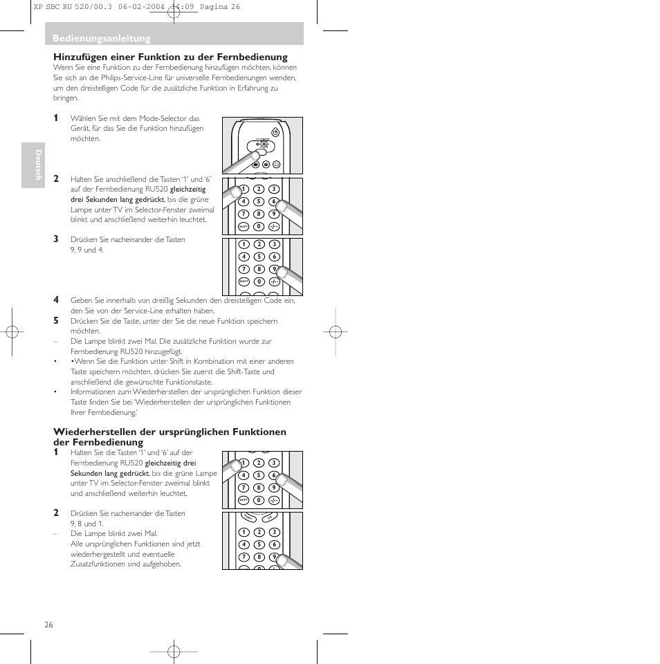 Hinzufügen einer funktion zu der fernbedienung, Bedienungsanleitung | Philips SBC RU 520/00U User Manual | Page 26 / 78