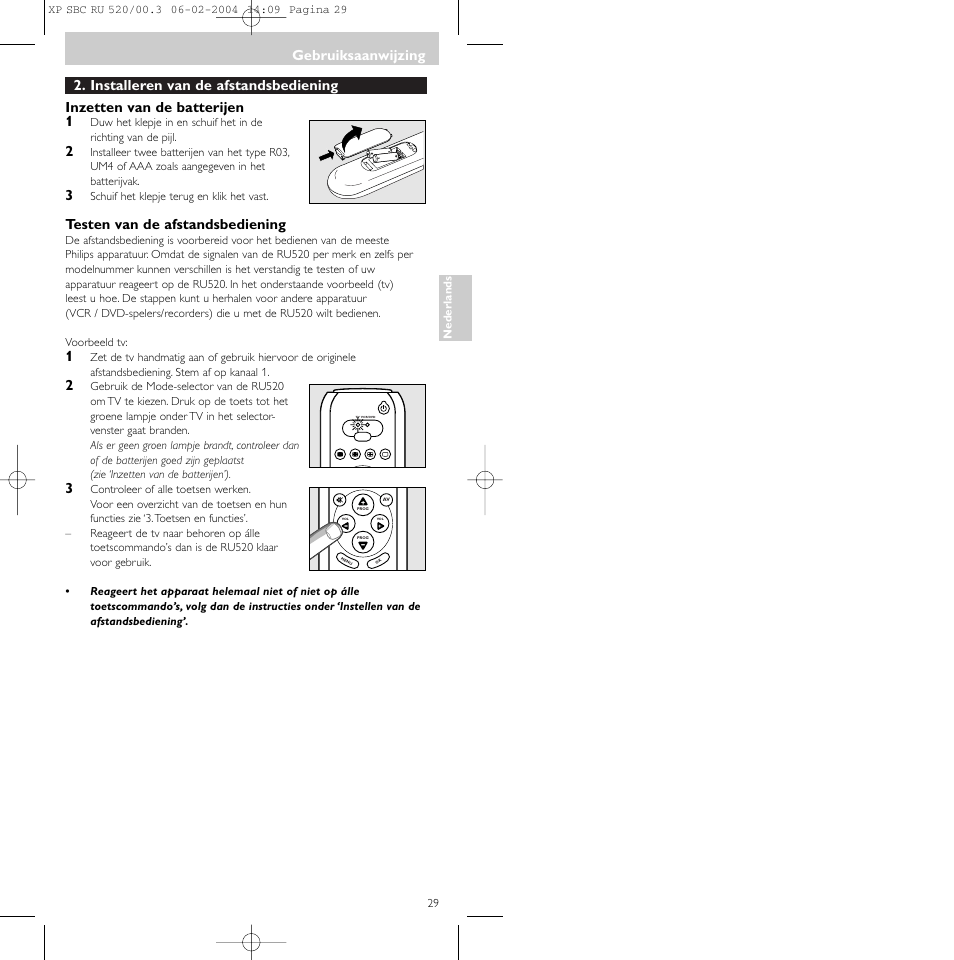 Testen van de afstandsbediening, Gebruiksaanwijzing | Philips SBC RU 520/00U User Manual | Page 29 / 78