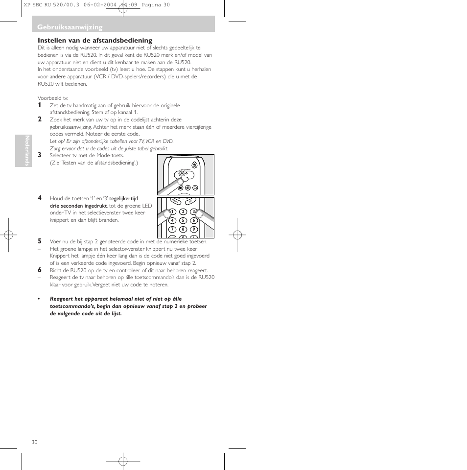 Instellen van de afstandsbediening, Gebruiksaanwijzing | Philips SBC RU 520/00U User Manual | Page 30 / 78