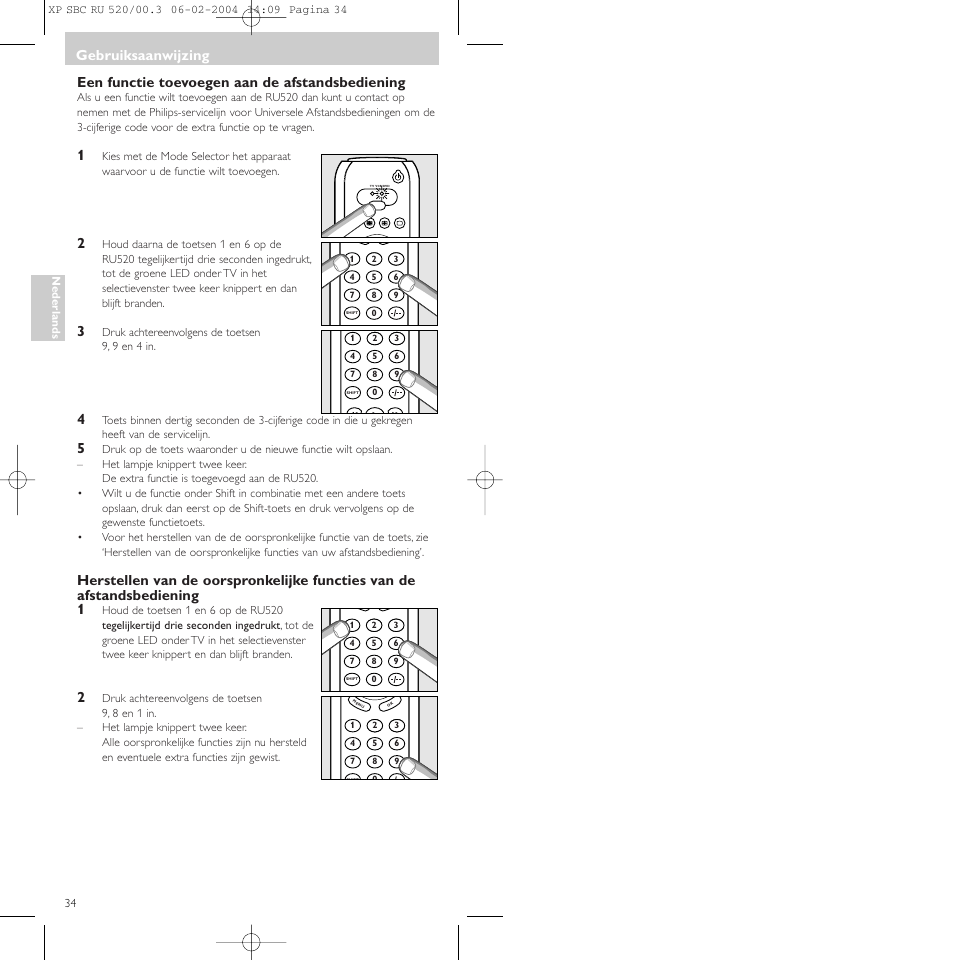 Een functie toevoegen aan de afstandsbediening, Gebruiksaanwijzing | Philips SBC RU 520/00U User Manual | Page 34 / 78