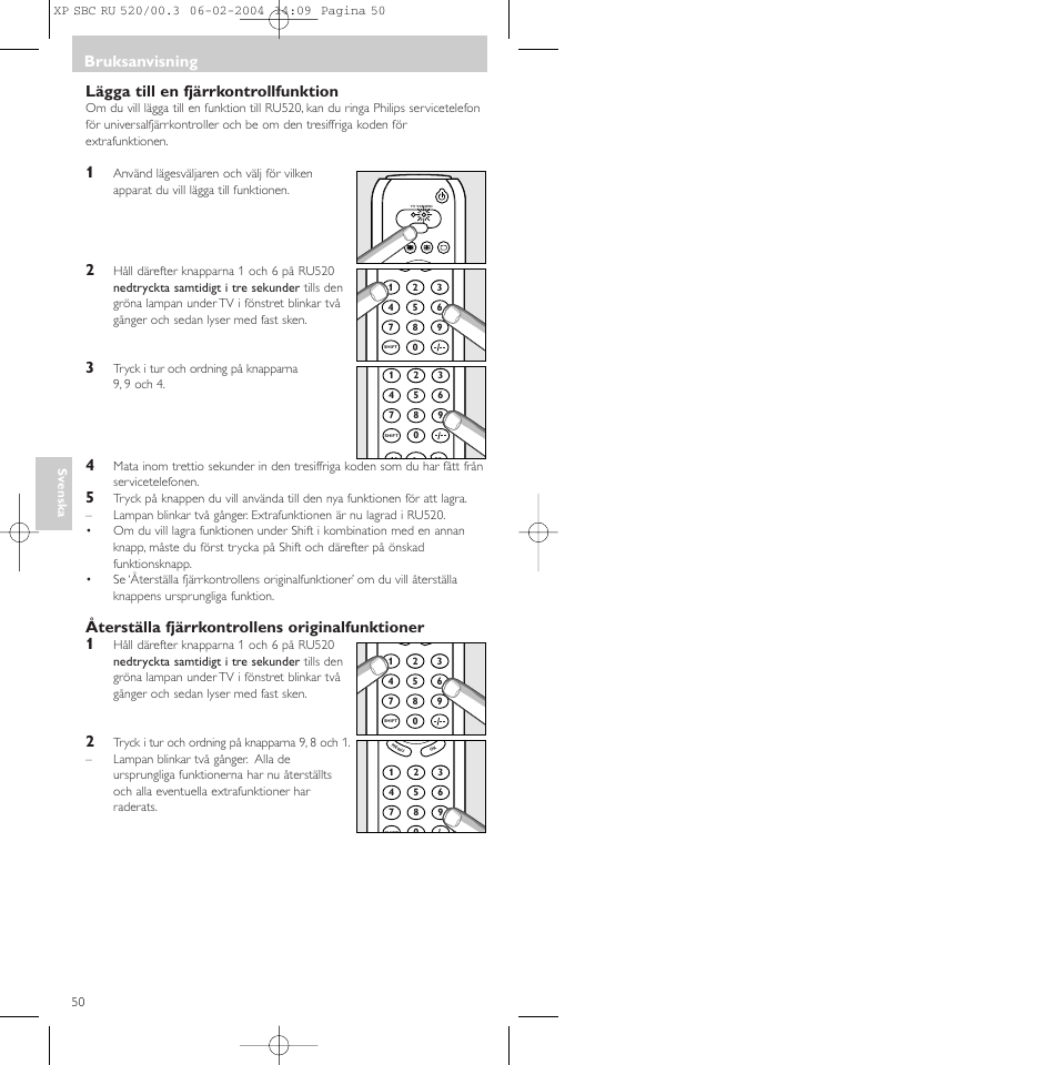 Lägga till en fjärrkontrollfunktion, Återställa fjärrkontrollens originalfunktioner 1, Bruksanvisning | Philips SBC RU 520/00U User Manual | Page 50 / 78