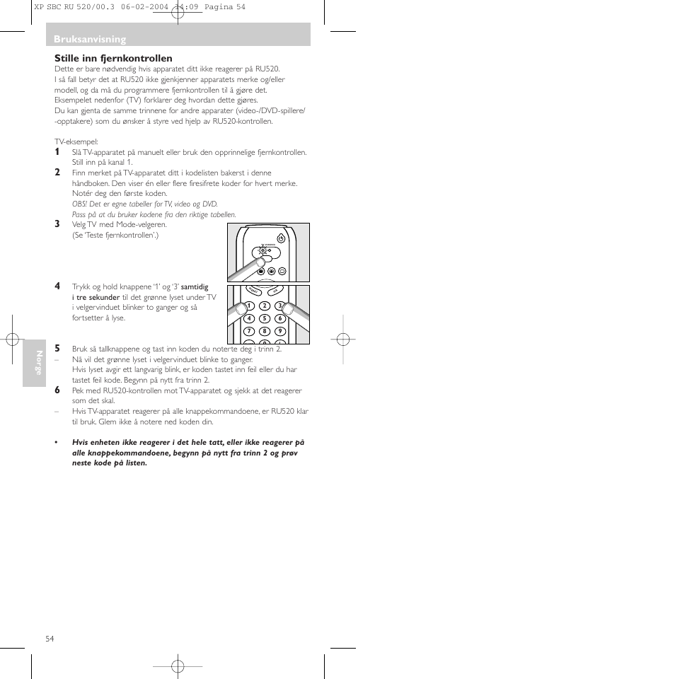 Stille inn fjernkontrollen, Bruksanvisning | Philips SBC RU 520/00U User Manual | Page 54 / 78